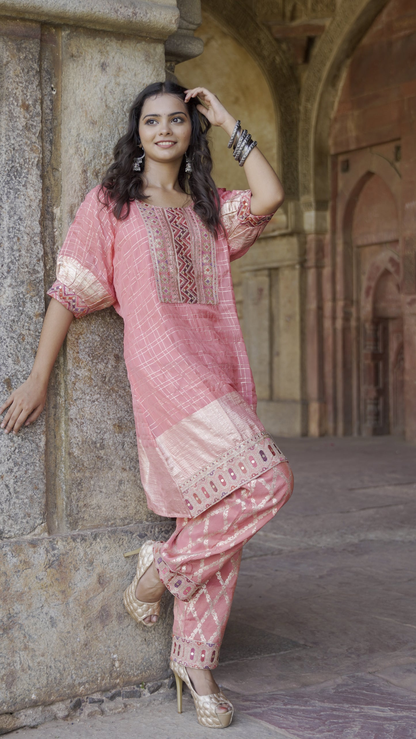 Chanderi Peach CO-ORD set (HAND EMBROIDERED)