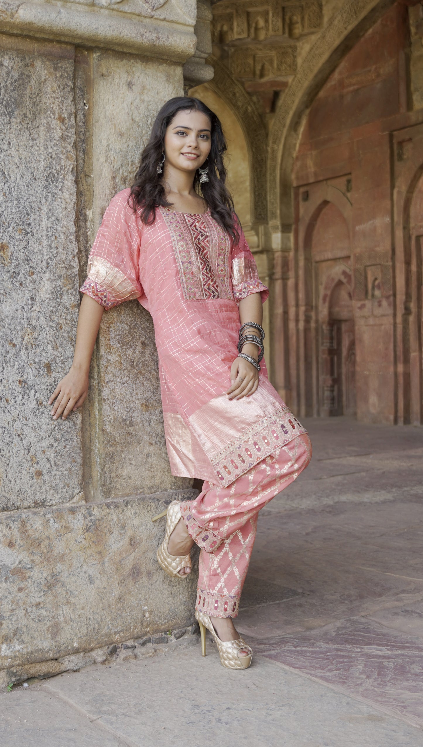 Chanderi Peach CO-ORD set (HAND EMBROIDERED)