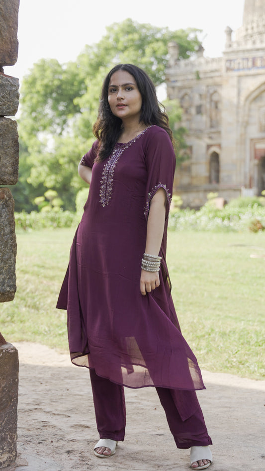 Royal Purple Chiffon kaftan with Handly Done Neck Embroidery with Chiffon Plazzo