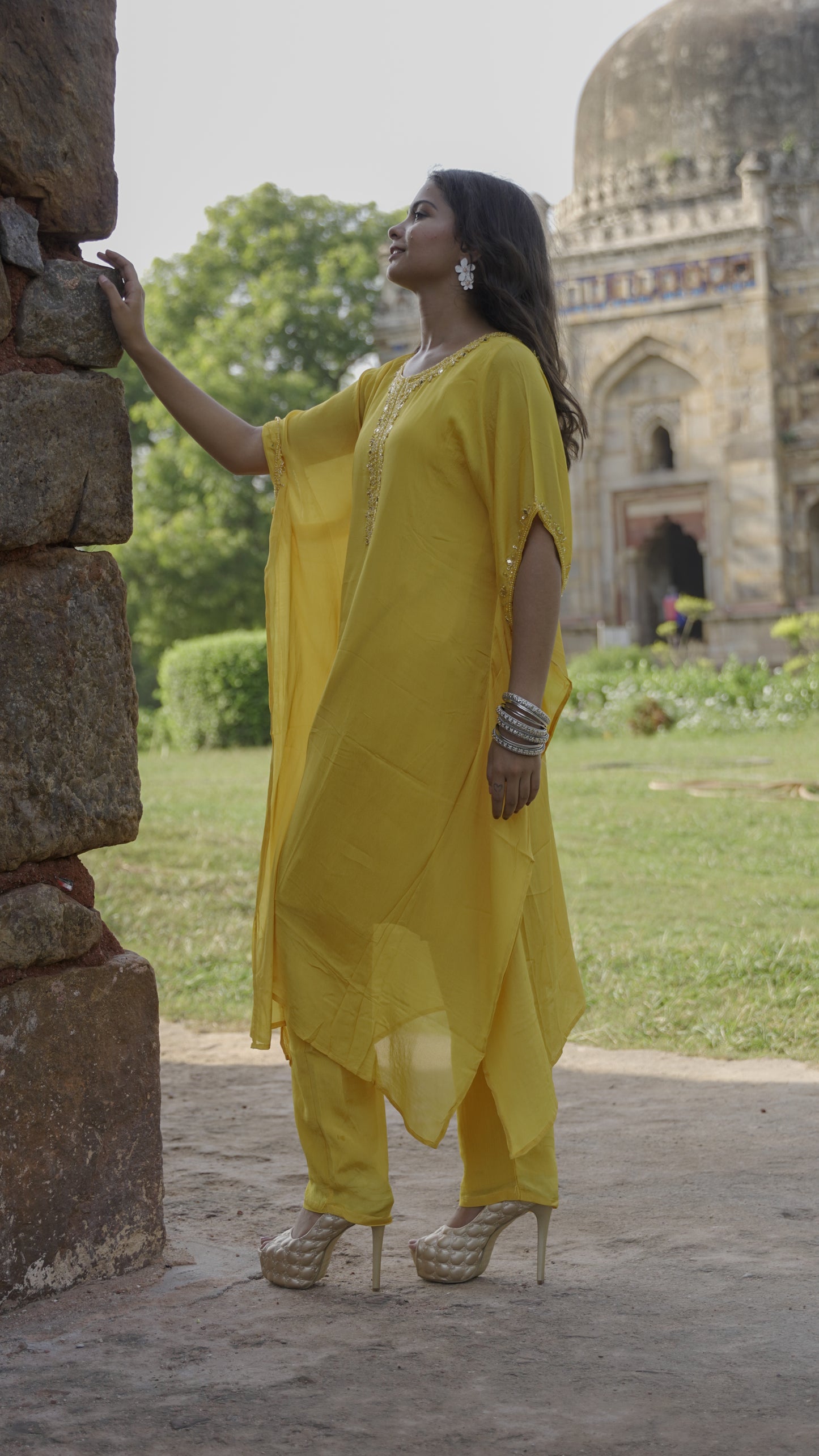 Perfect Yellow Chiffon kaftan Embroidery done By Hand