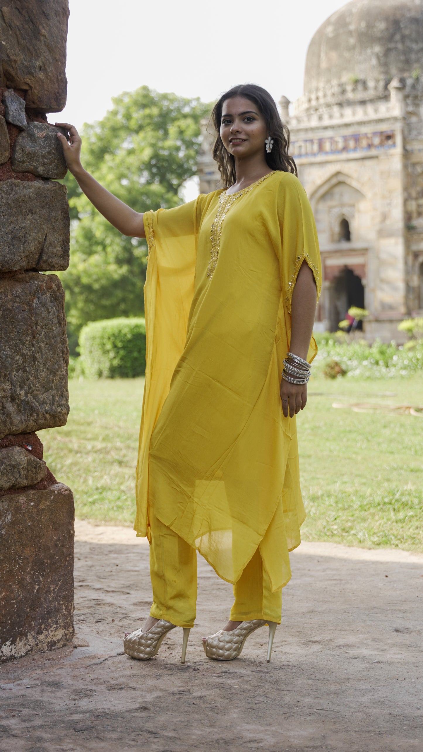 Perfect Yellow Chiffon kaftan Embroidery done By Hand