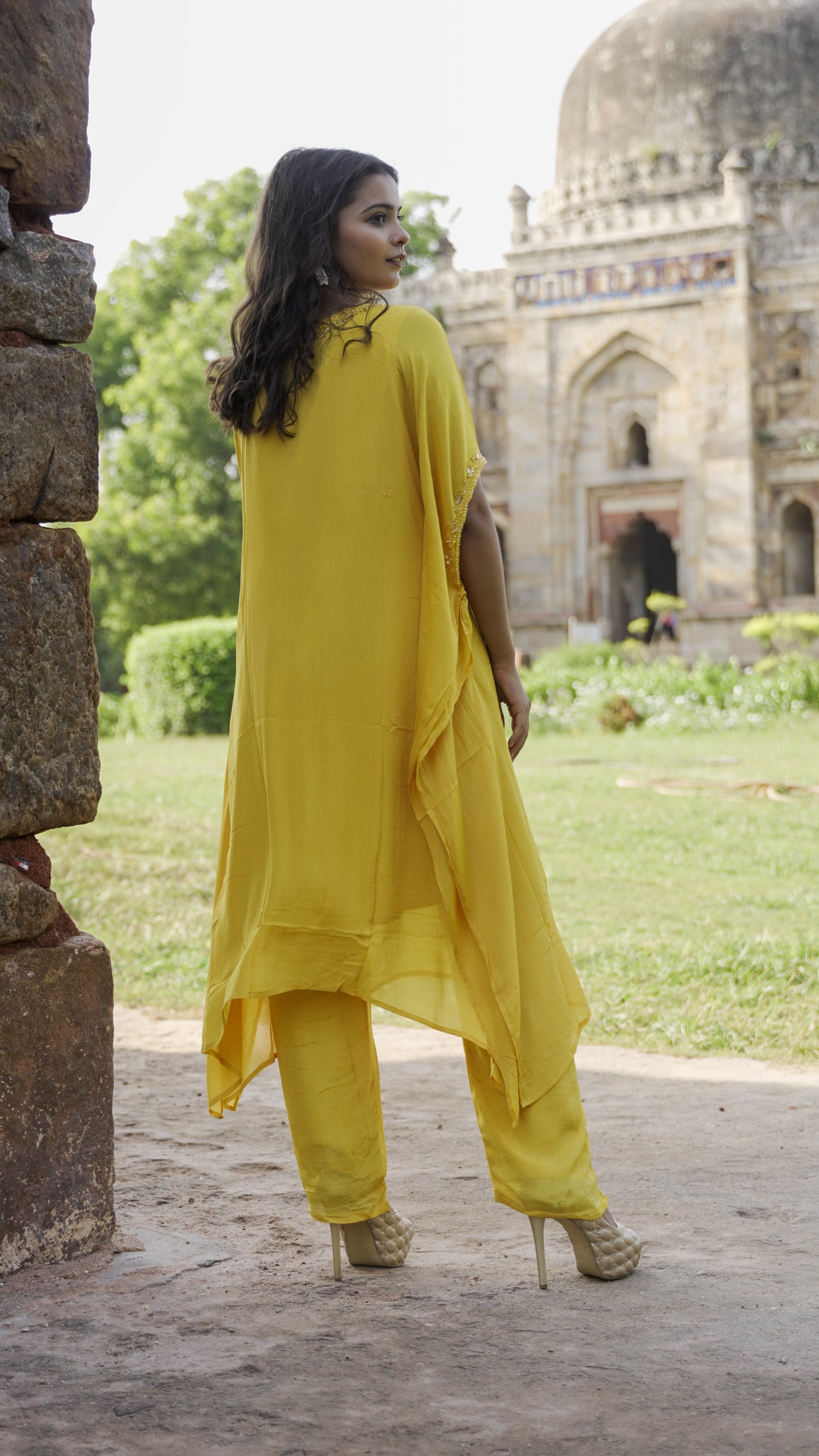 Perfect Yellow Chiffon kaftan Embroidery done By Hand