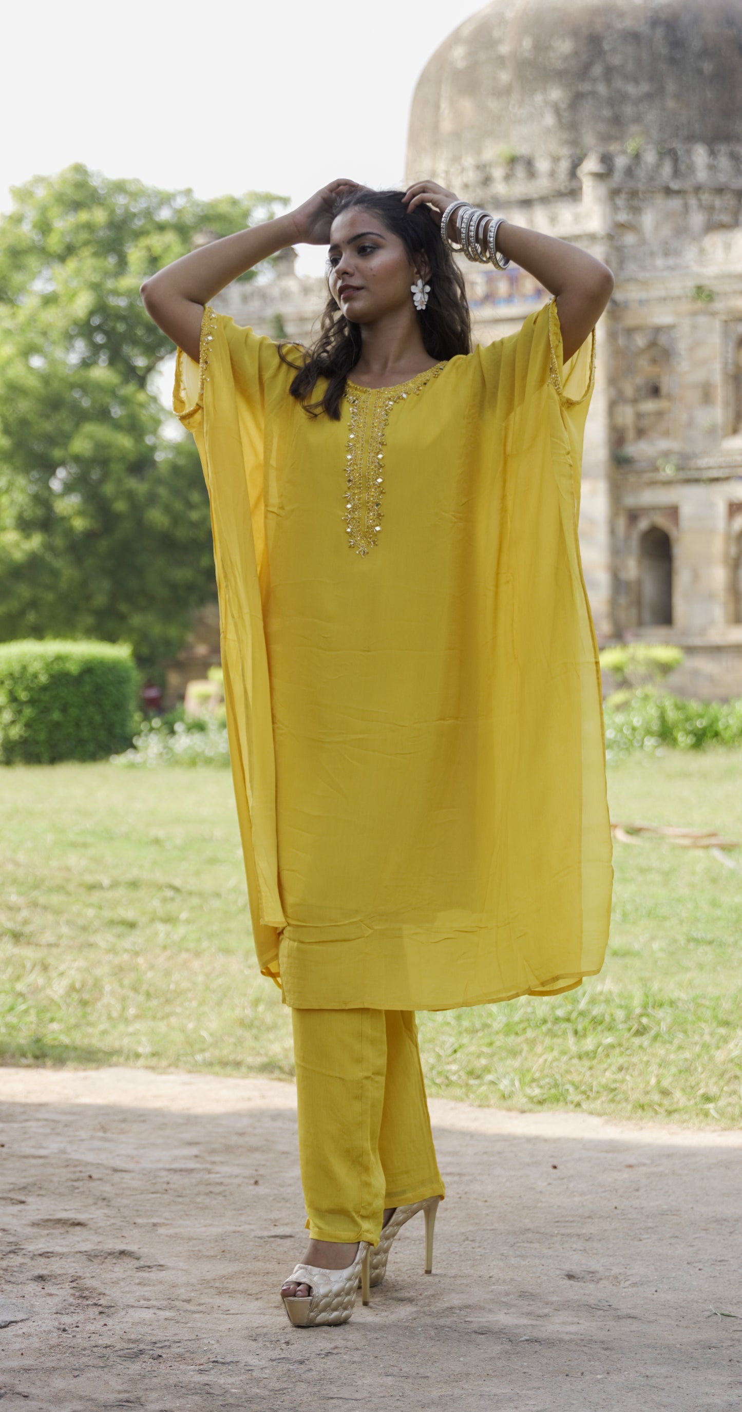 Perfect Yellow Chiffon kaftan Embroidery done By Hand