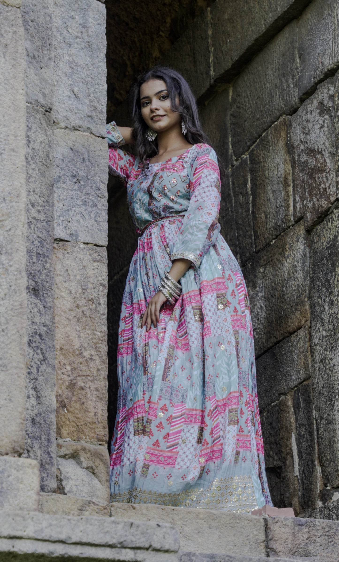 Chiffon Sky Blue and Pink Gaown with Neck Embroidery Done By Hand