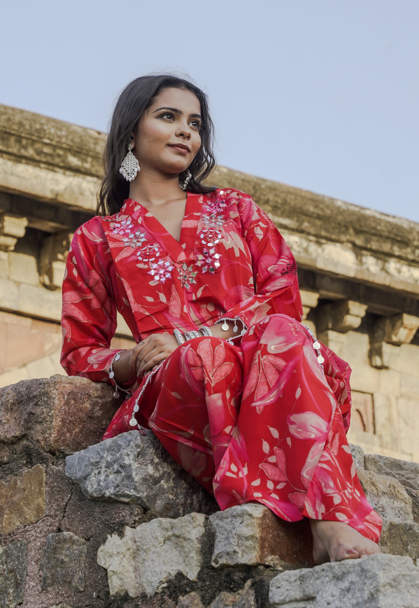 Tomato Red with floral print CO-ORD set Mirror EMBROIDERED BY Hand