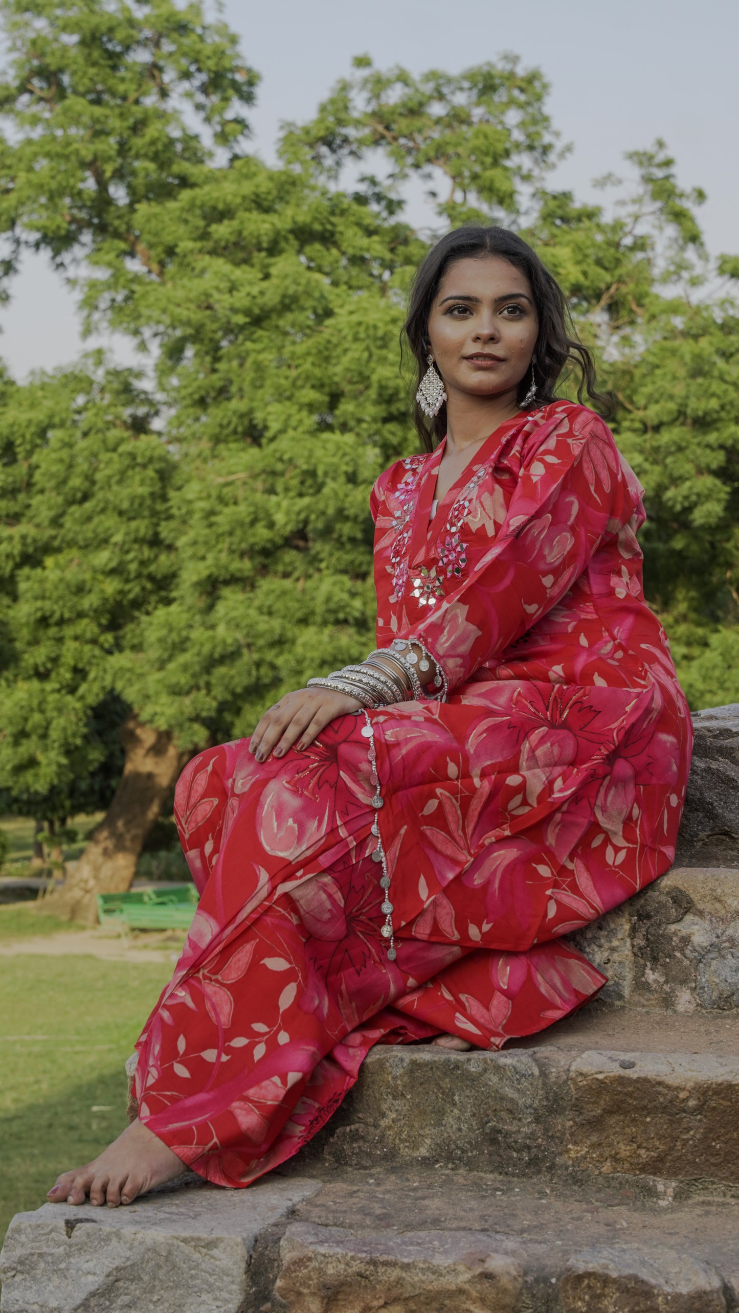 Tomato Red with floral print CO-ORD set Mirror EMBROIDERED BY Hand