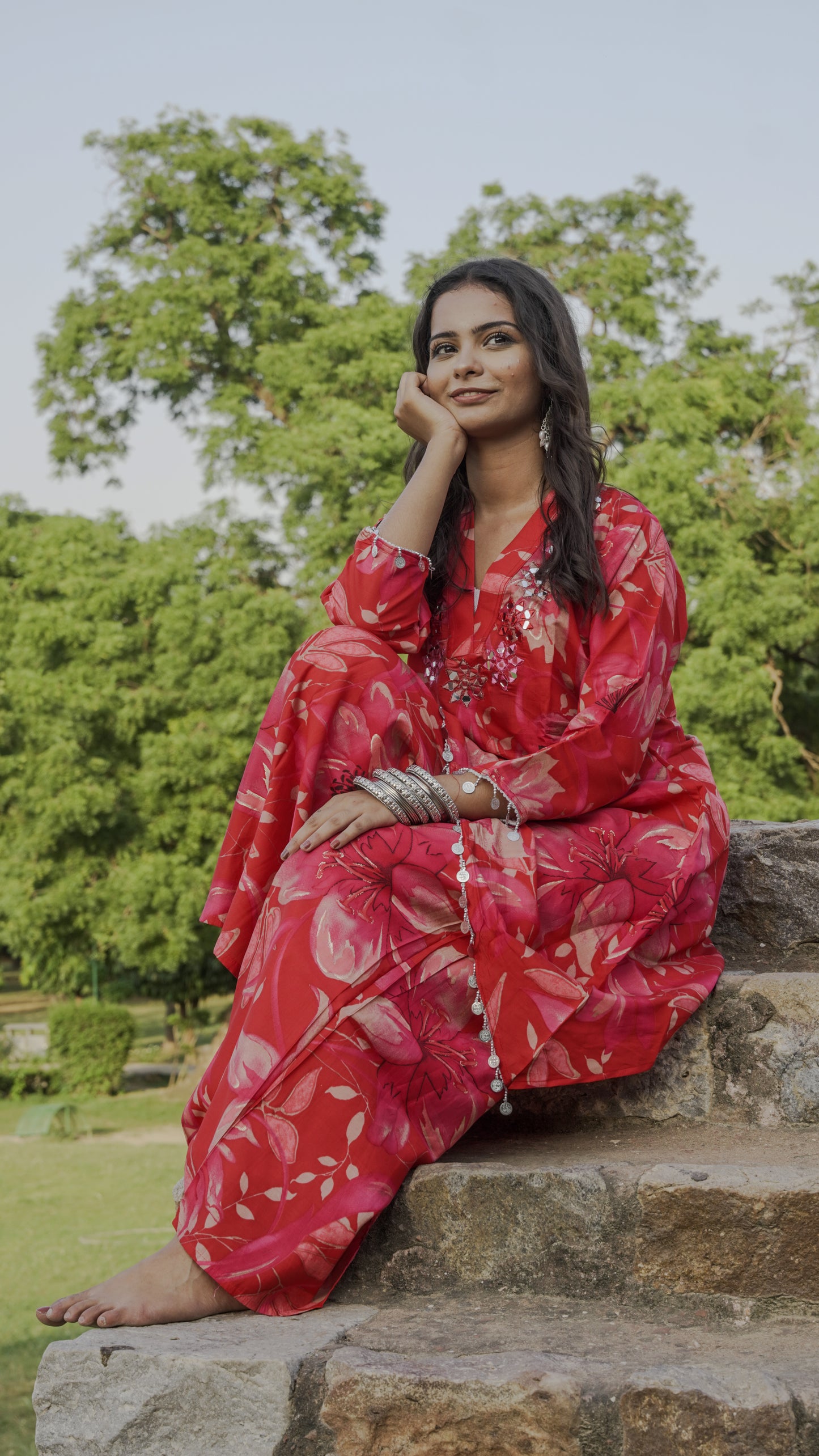 Tomato Red with floral print CO-ORD set Mirror EMBROIDERED BY Hand