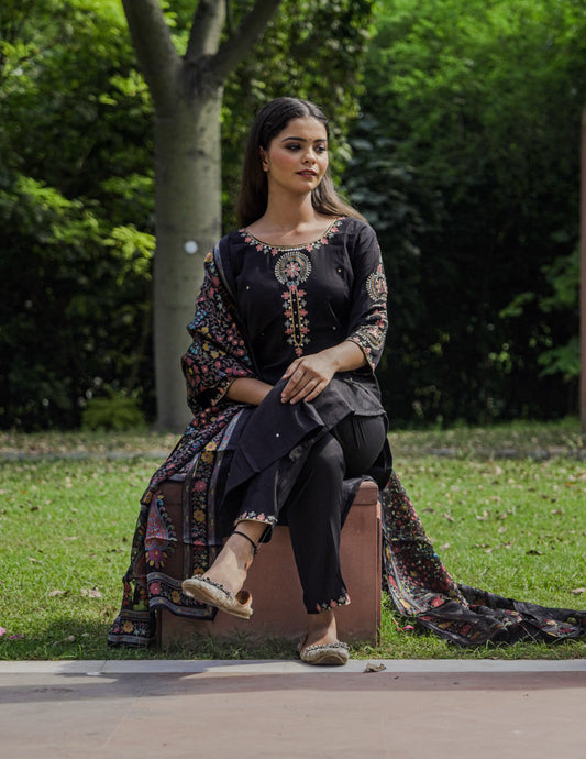 Black Silk suit with Brasso Dupatta