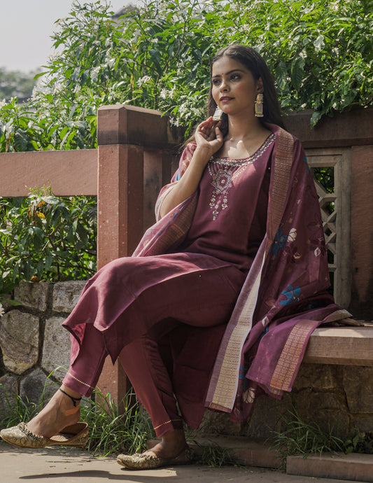 Queen Maroon SILK Suit with Hand Embroidery