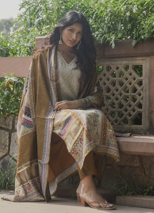 Muddy and Brown malmal silk Suit with  Hand Embroidery