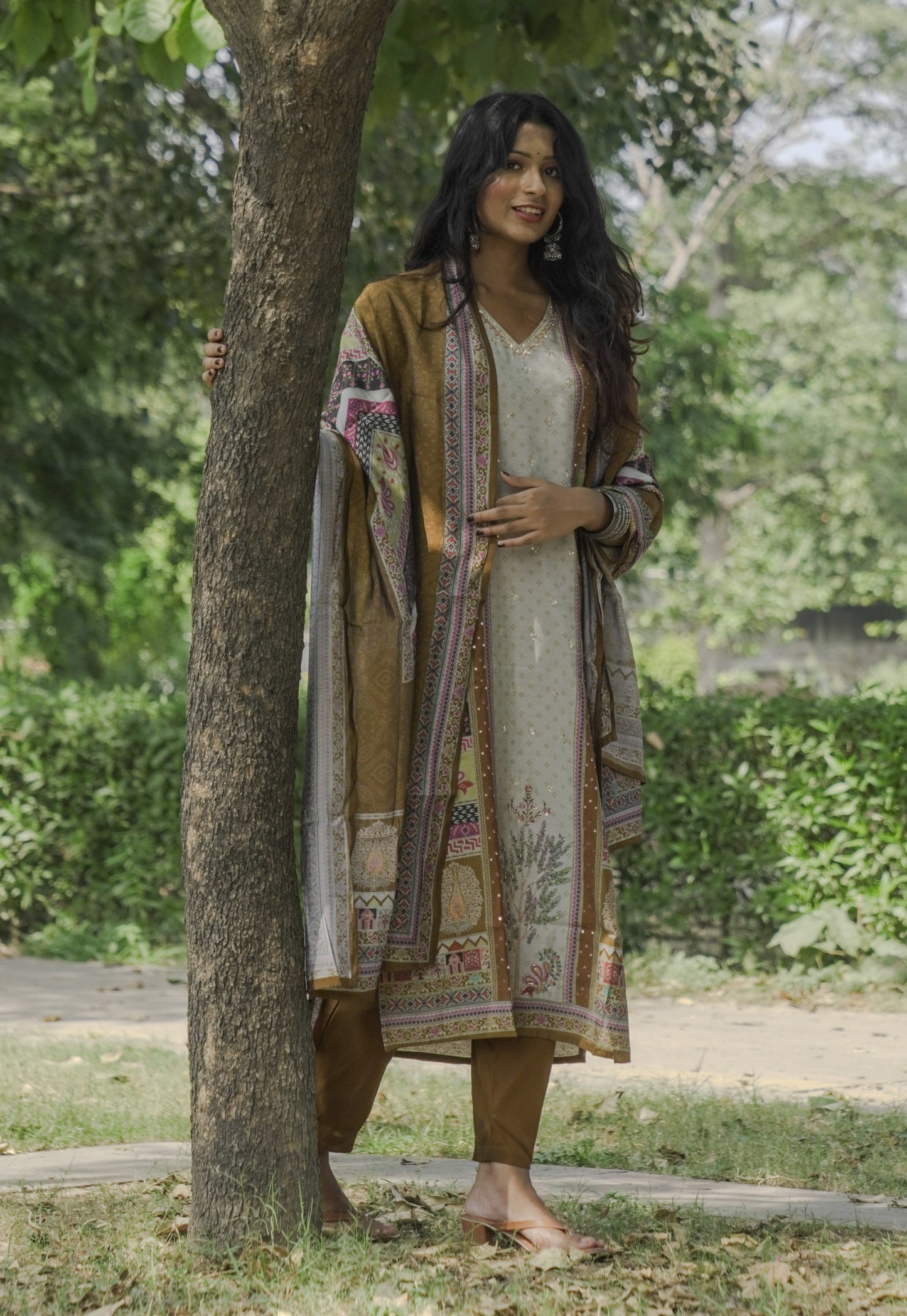 Muddy and Brown malmal silk Suit with  Hand Embroidery