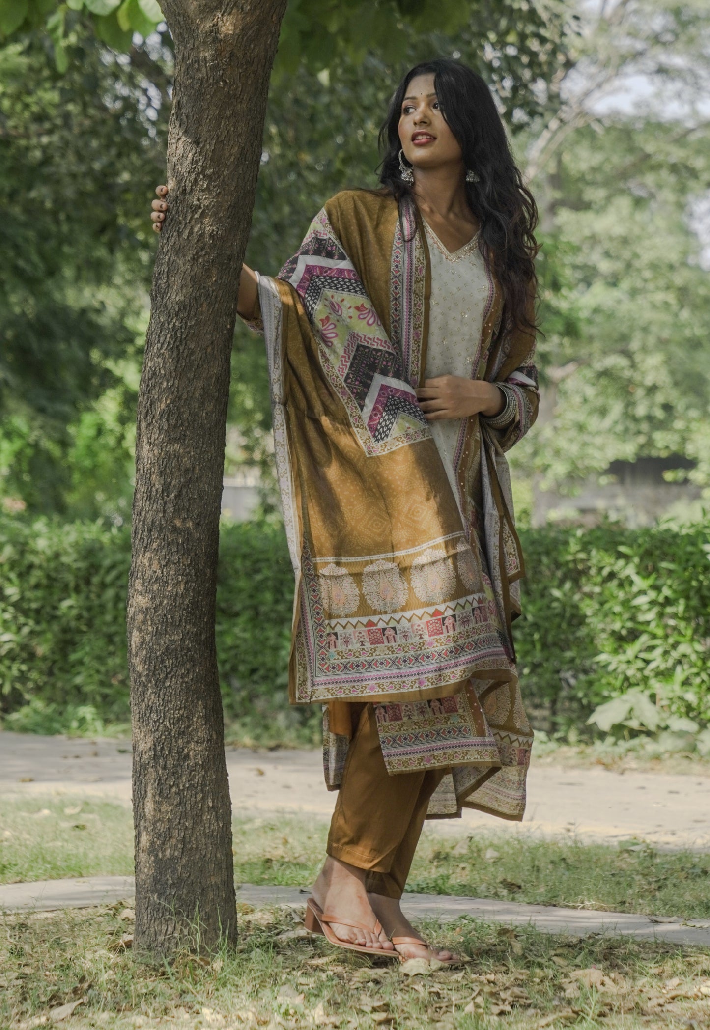 Muddy and Brown malmal silk Suit with  Hand Embroidery