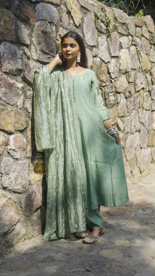 Grass Green Anarkali with chanderi dupatta