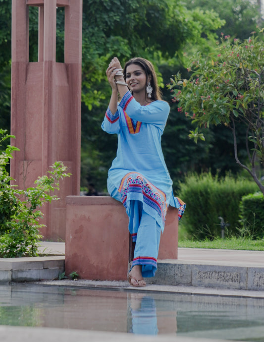 Turquoise kurta with plazzo with digital printing