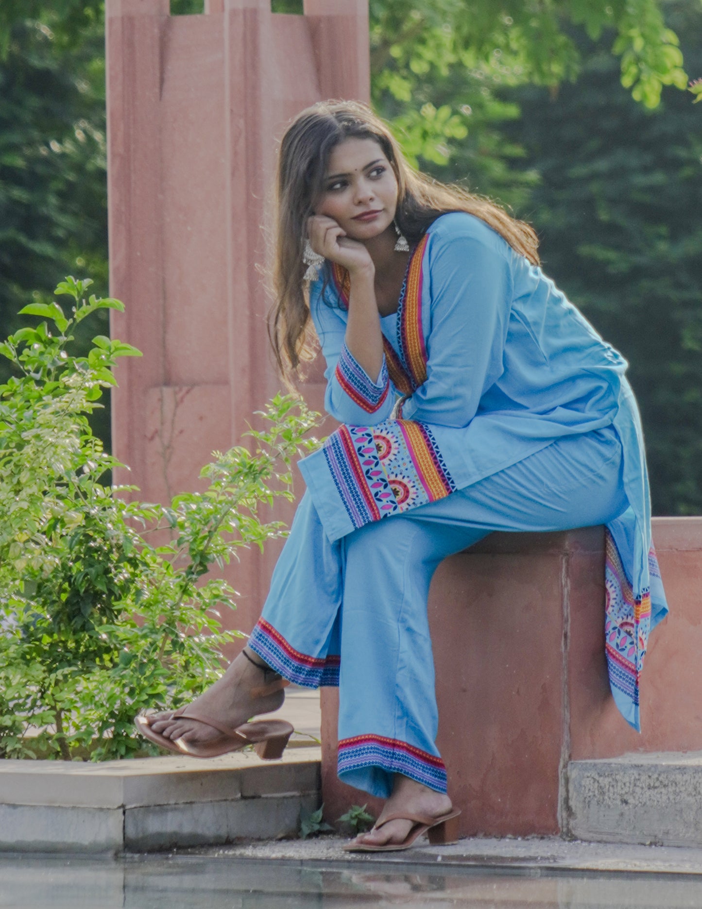 Turquoise kurta with plazzo with digital printing