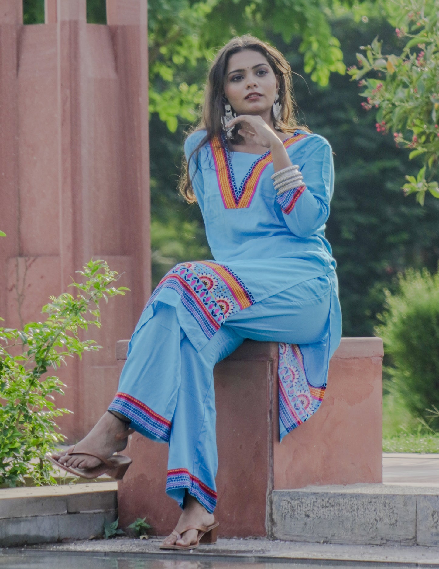 Turquoise kurta with plazzo with digital printing