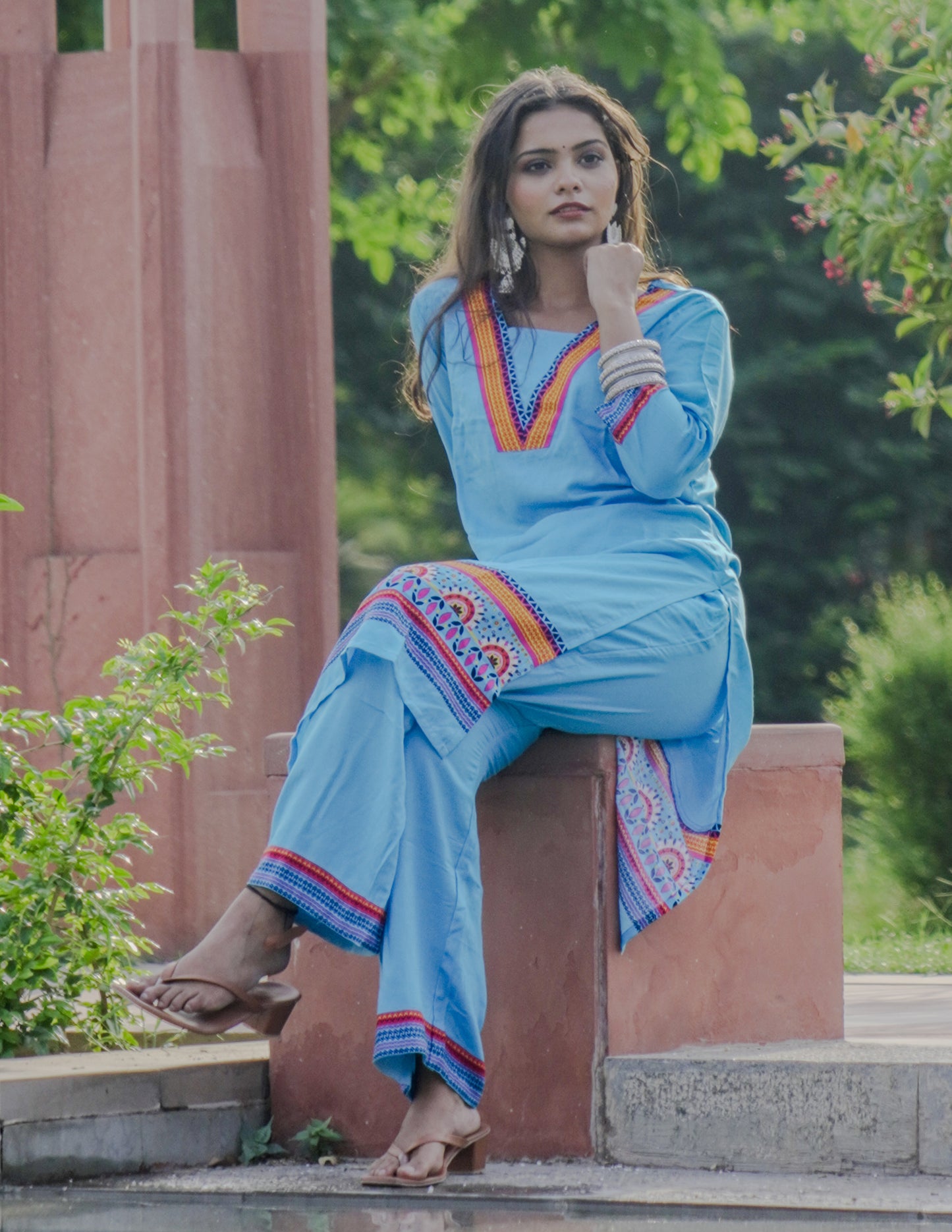 Turquoise kurta with plazzo with digital printing