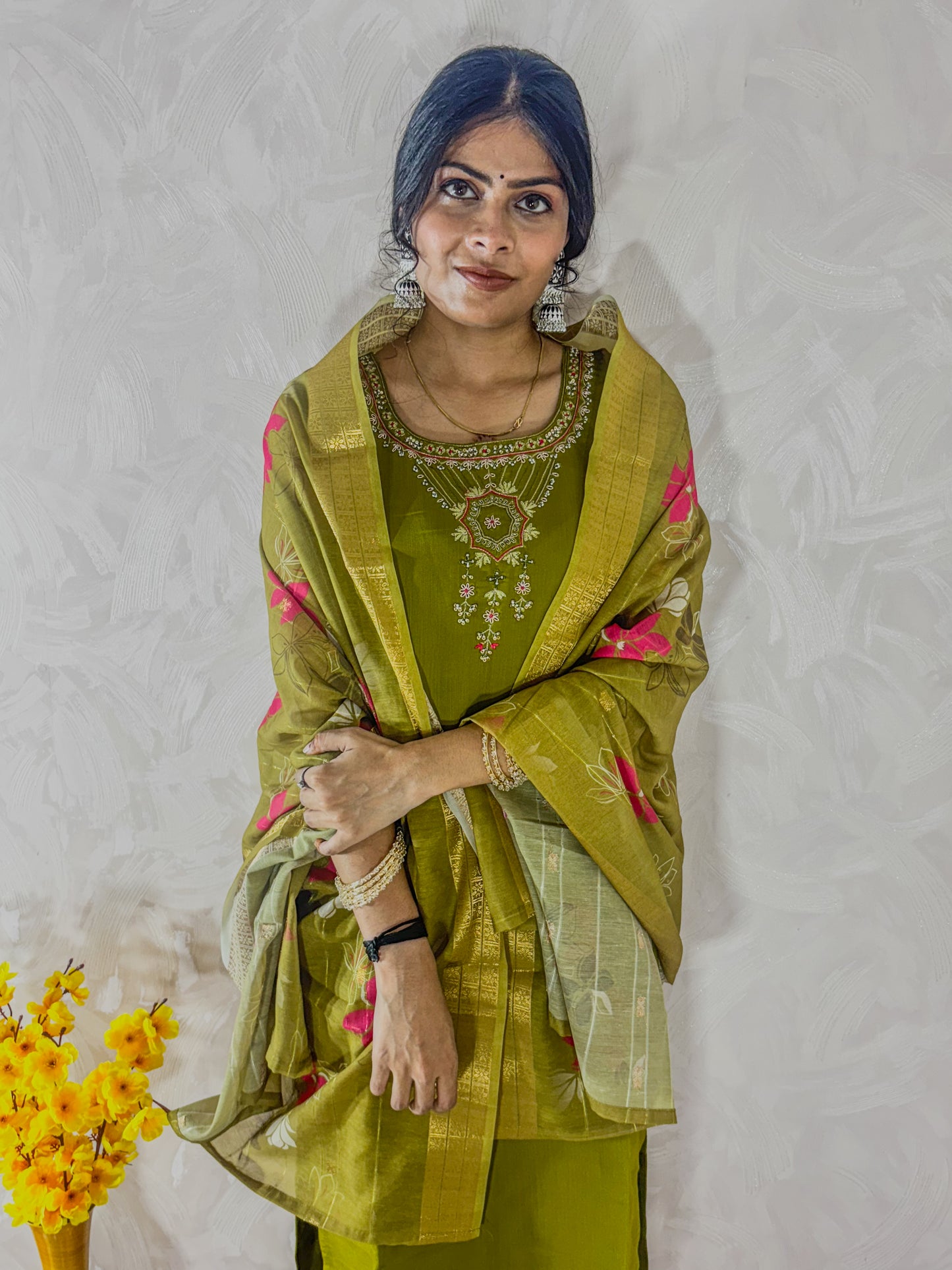 Green Muslin suit with neck embroidery