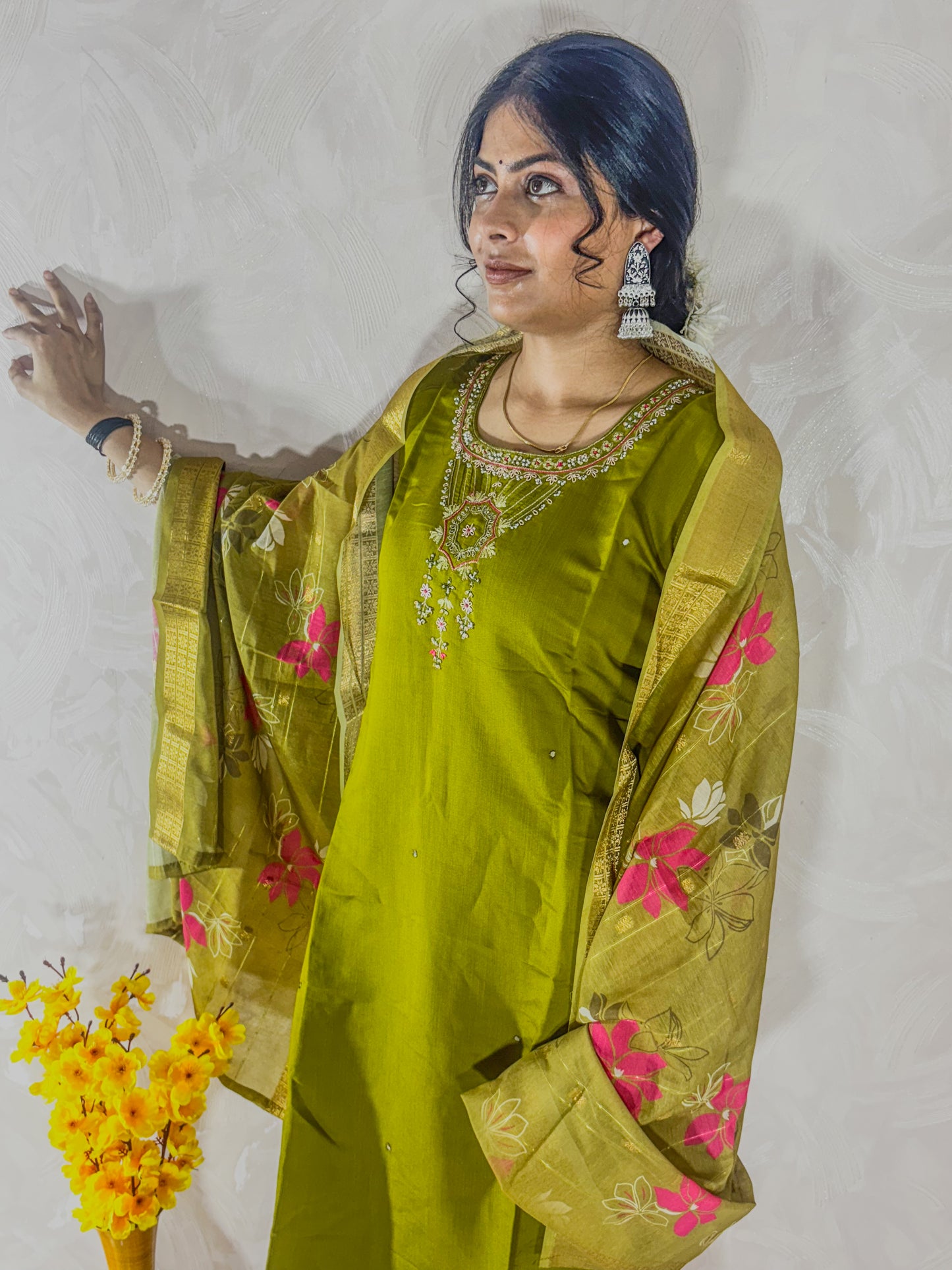 Green Muslin suit with neck embroidery