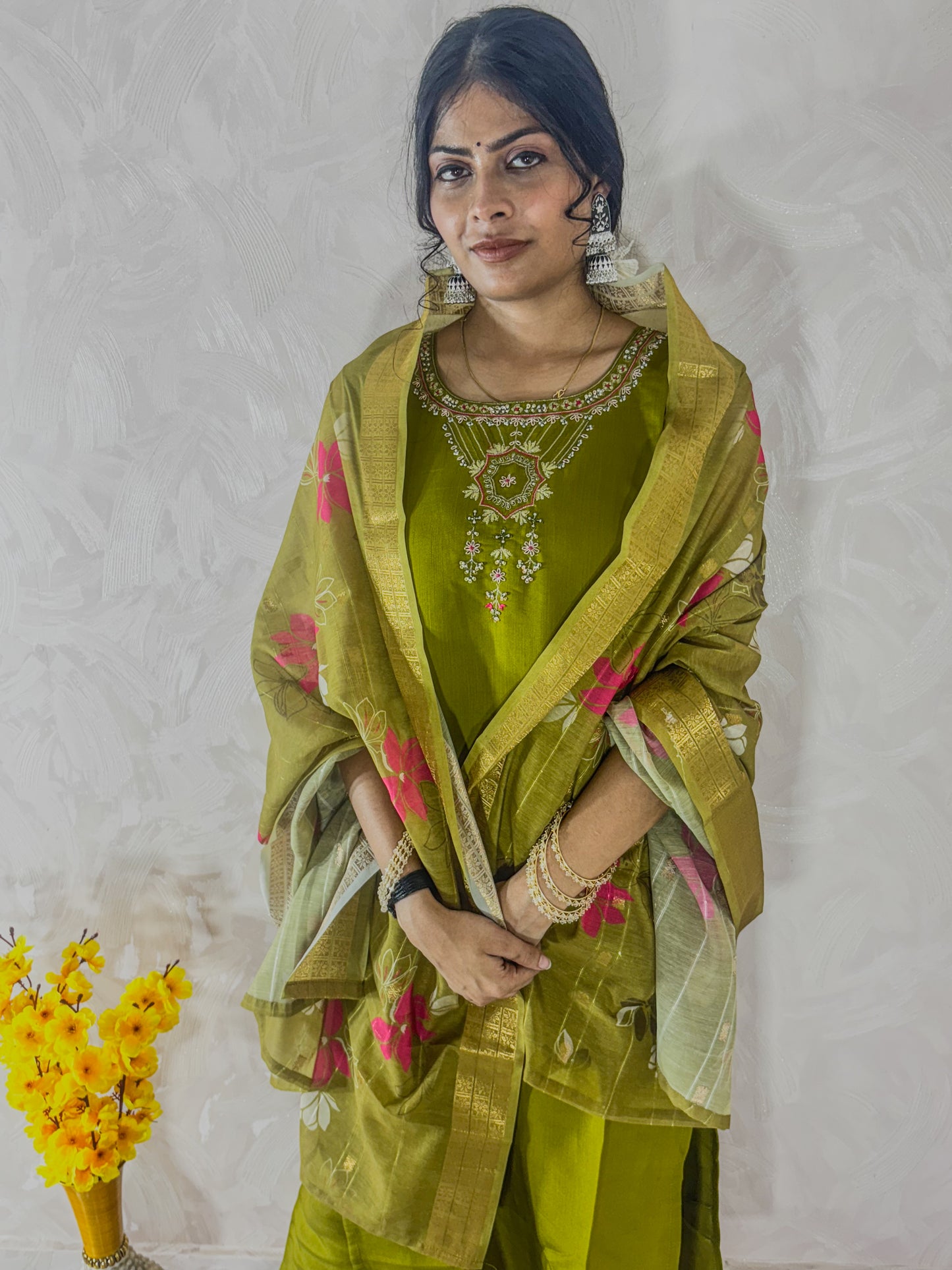 Green Muslin suit with neck embroidery