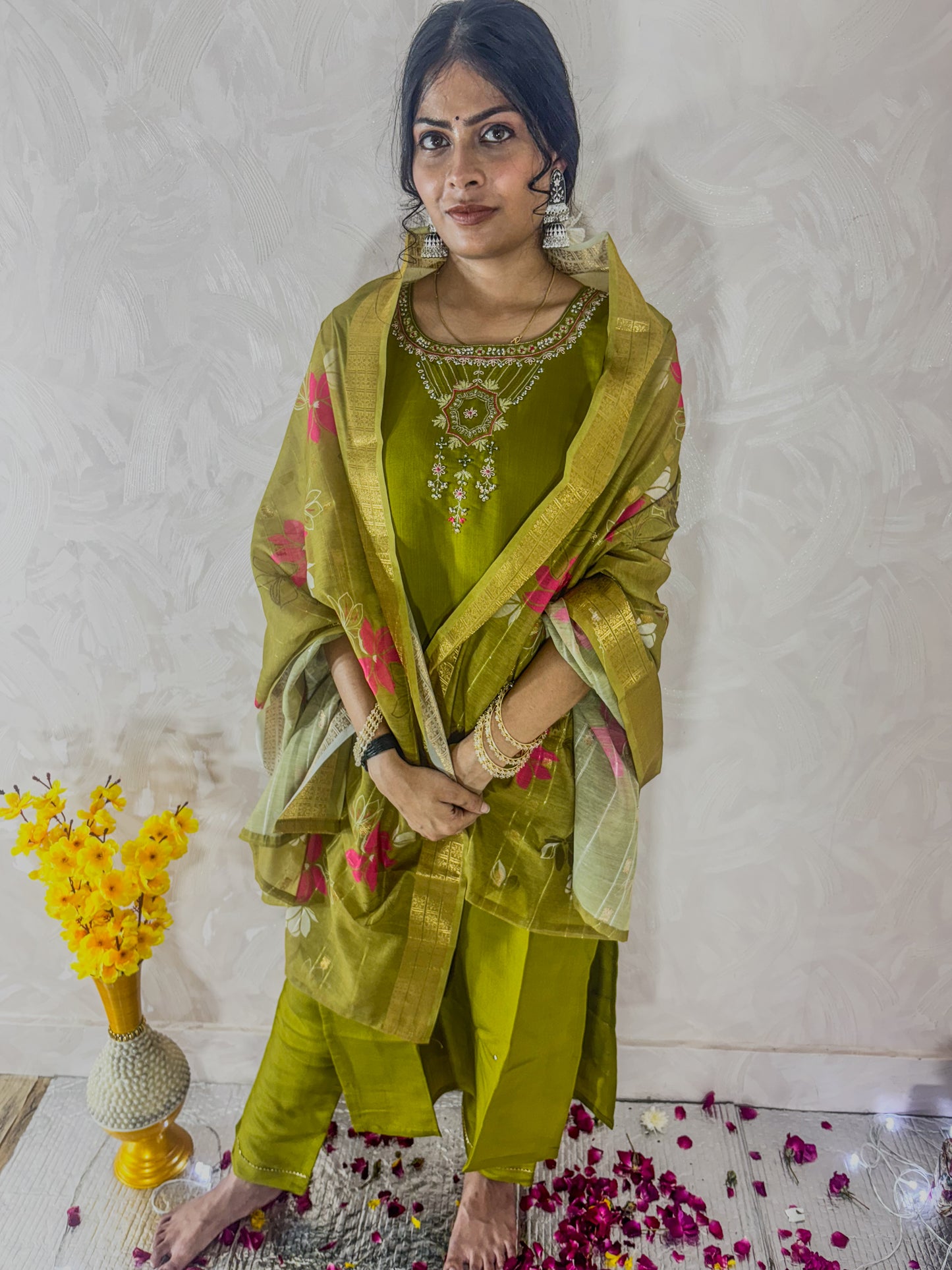 Green Muslin suit with neck embroidery