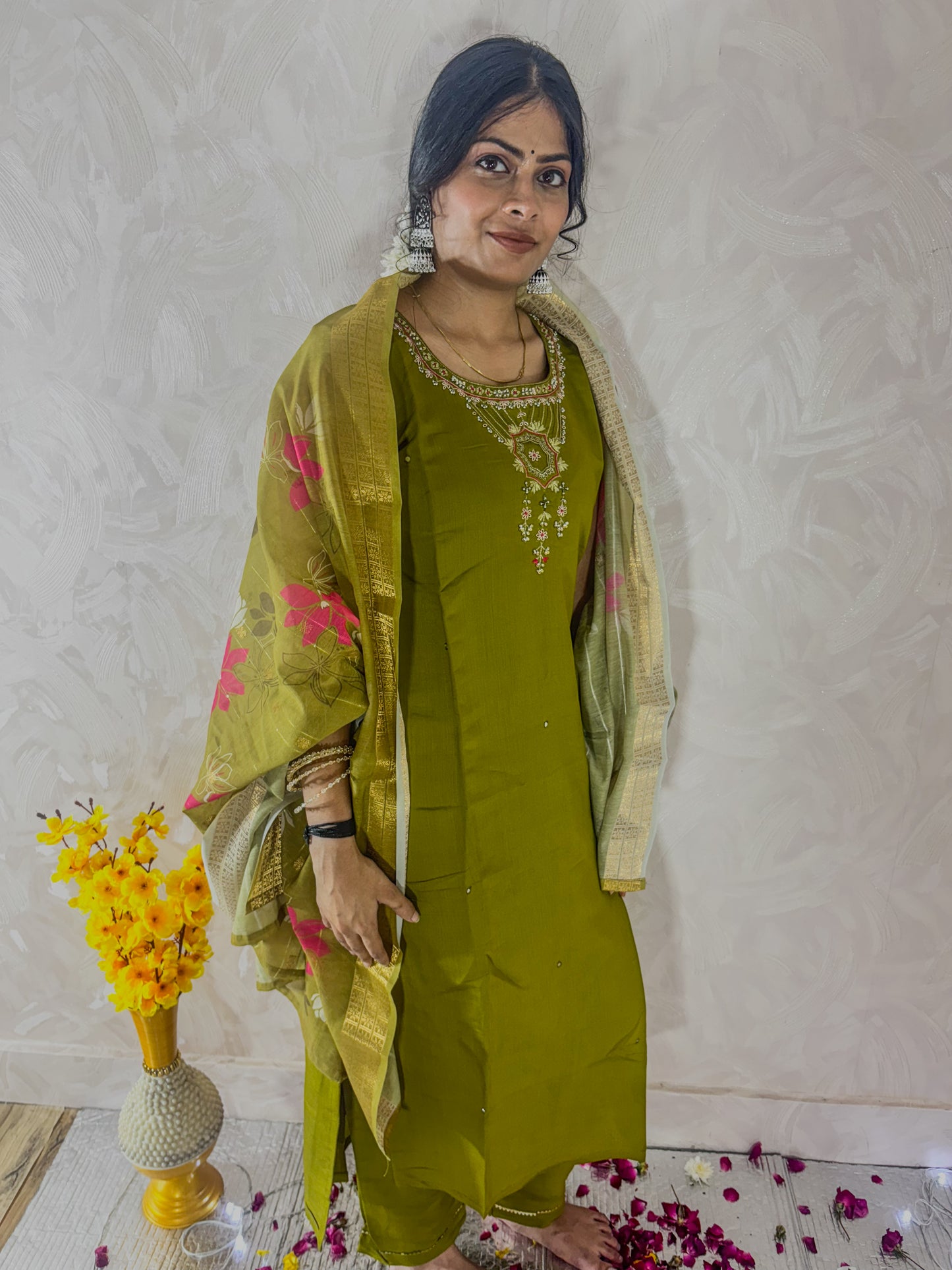 Green Muslin suit with neck embroidery