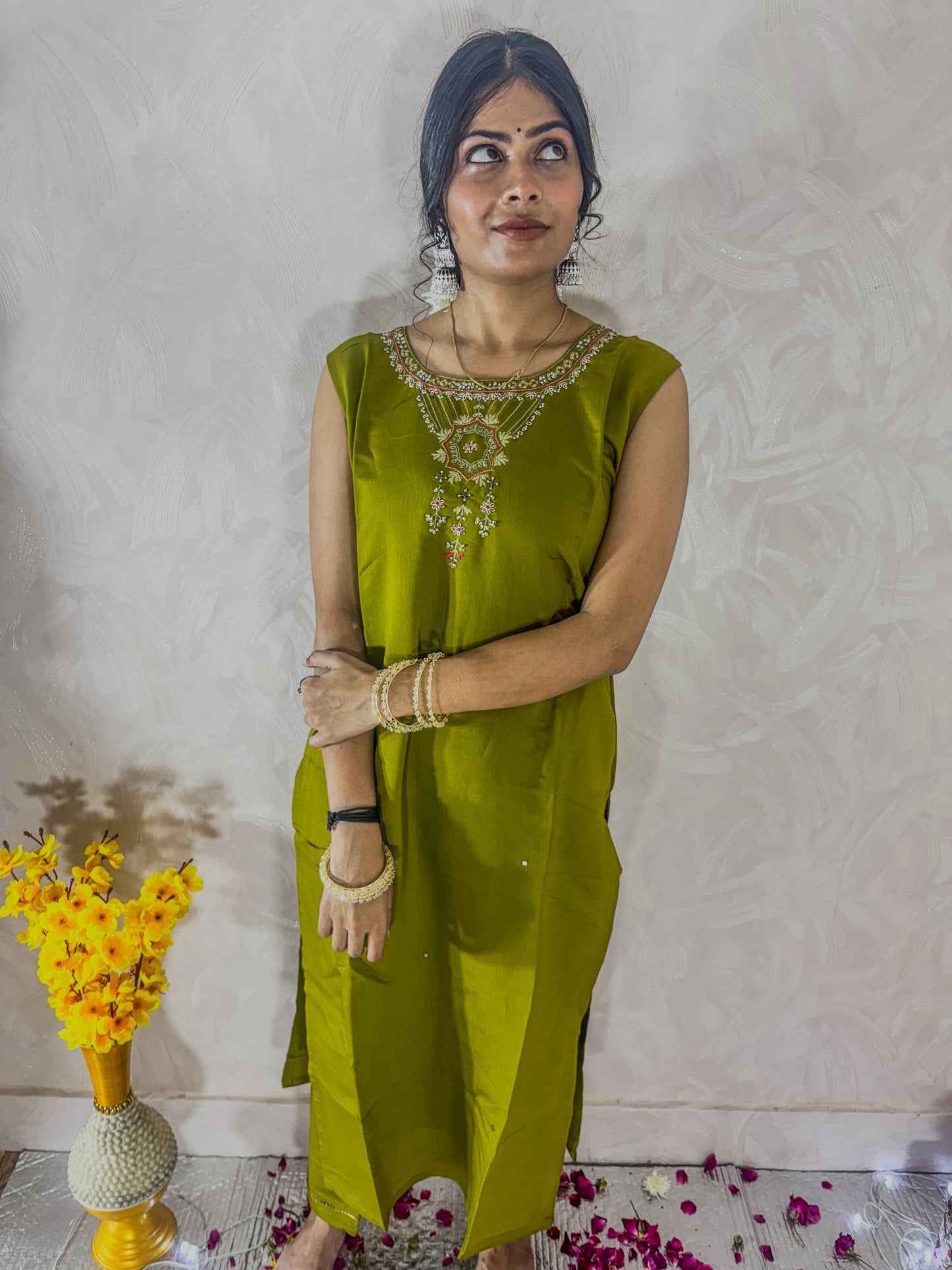 Green Muslin suit with neck embroidery