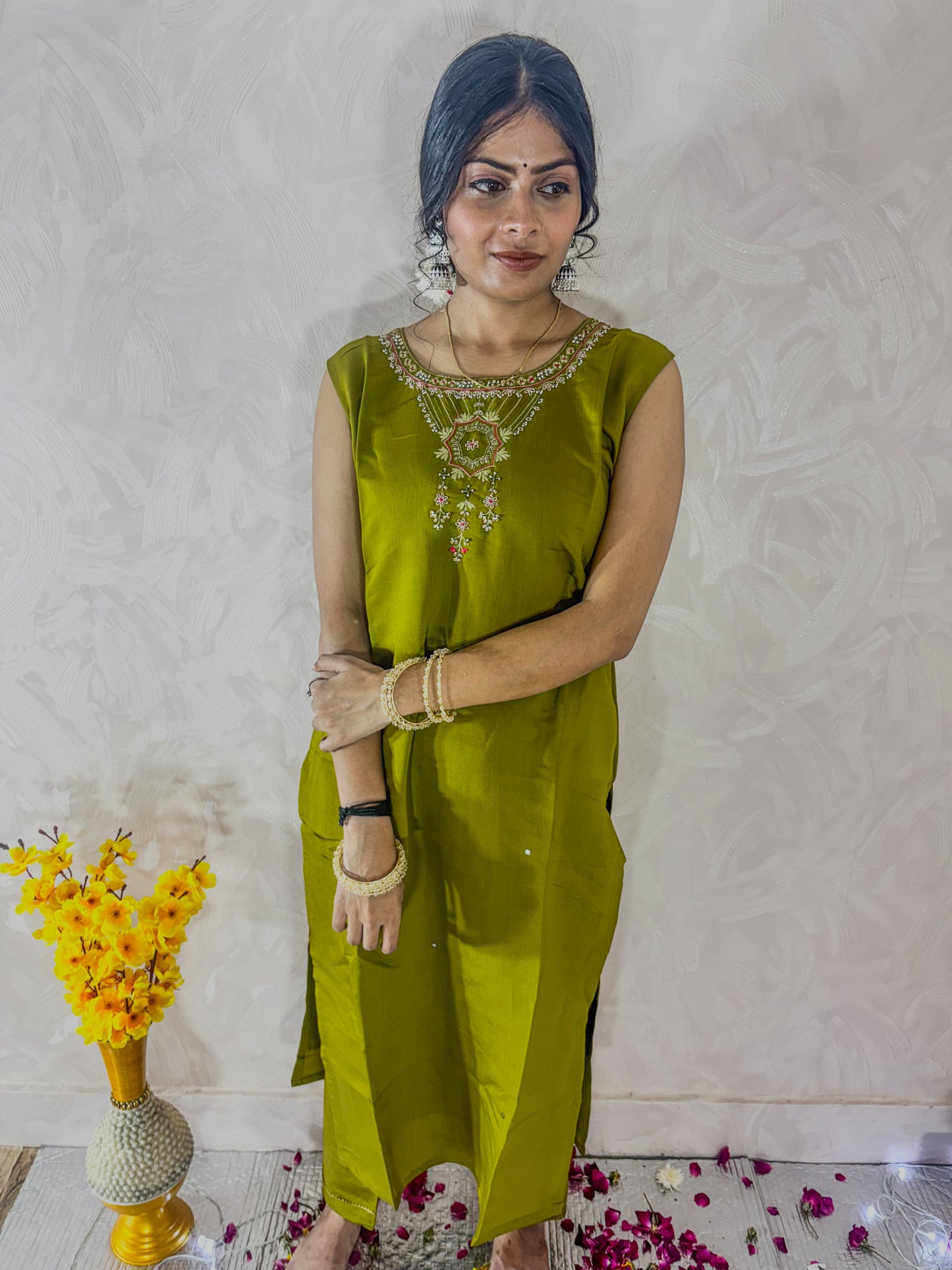 Green Muslin suit with neck embroidery