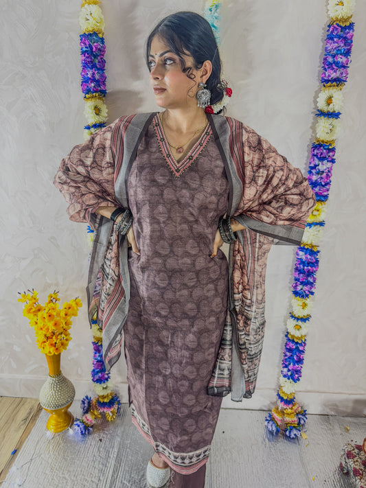 Muddy Brown suit with Printed Dupatta