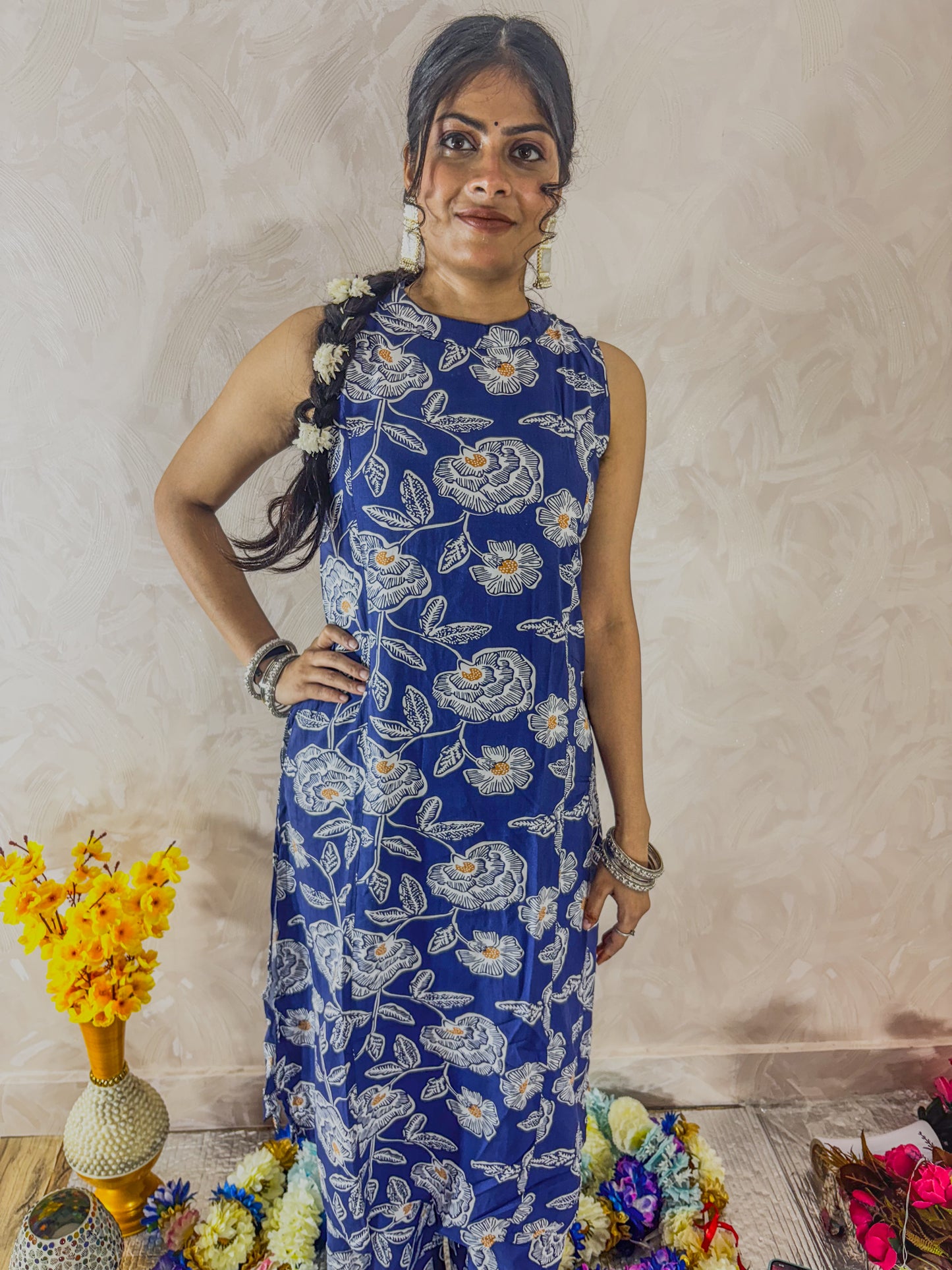 Cobalt blue Digitally printed kurti with plazzo