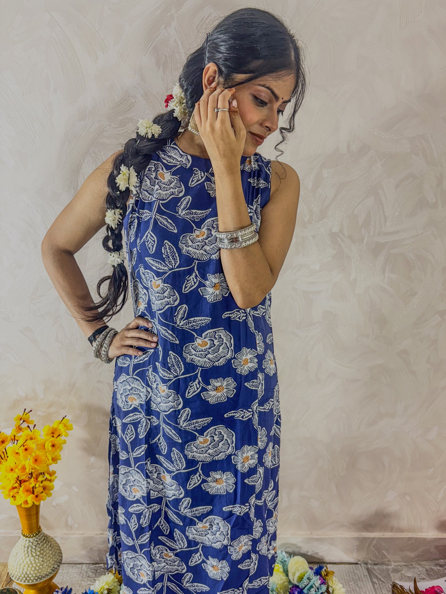 Cobalt blue Digitally printed kurti with plazzo