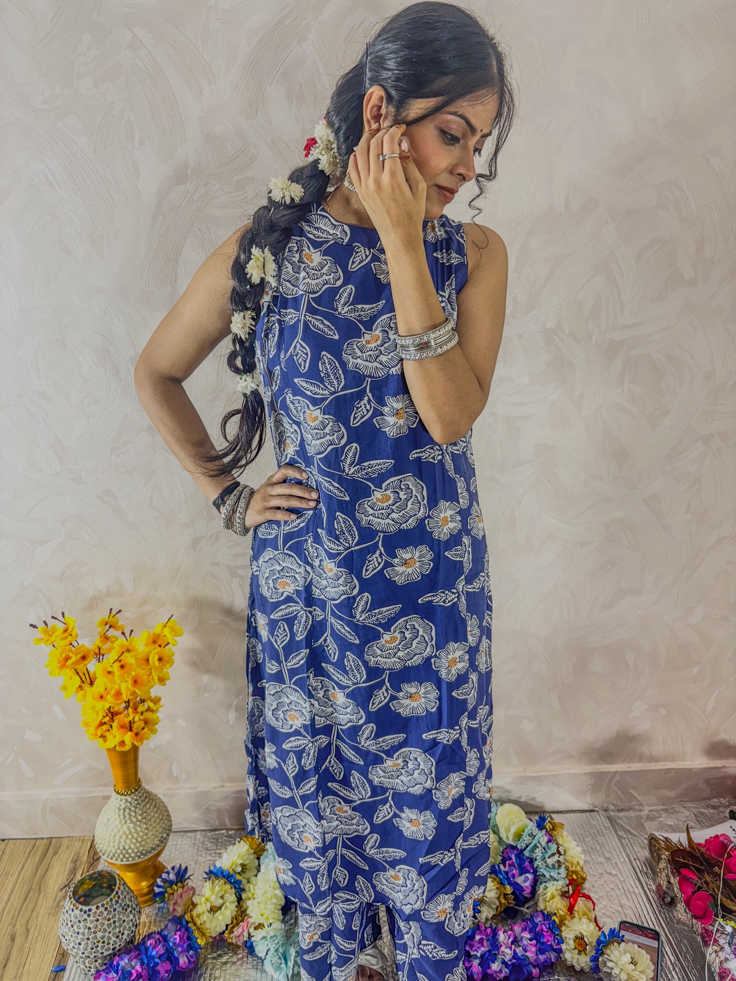 Cobalt blue Digitally printed kurti with plazzo