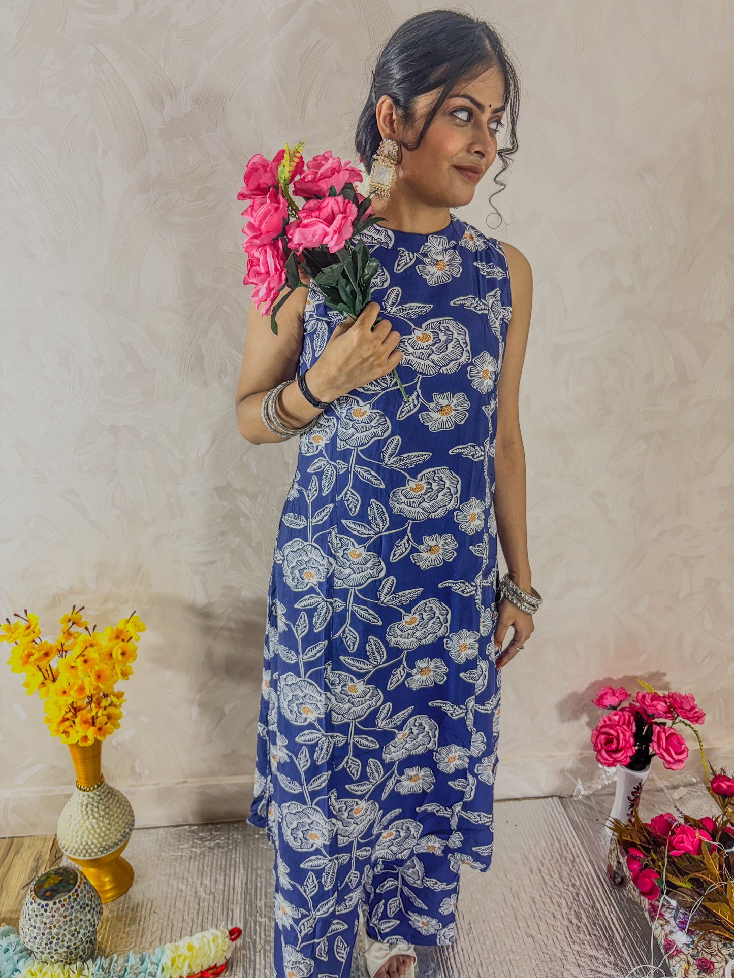 Cobalt blue Digitally printed kurti with plazzo