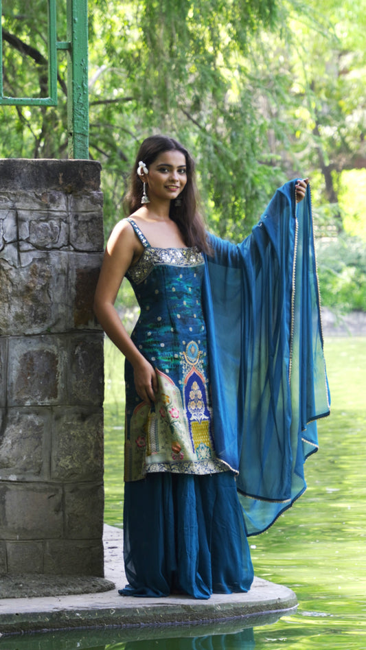 Teal Blue Malmal Silk Embroidered Sharara Suit